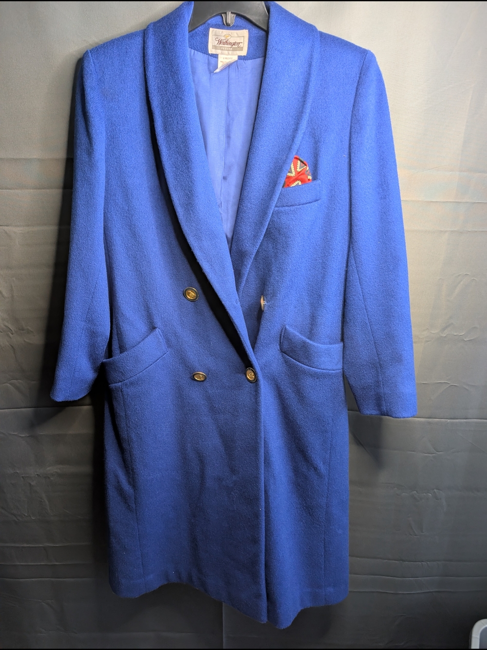 VTG Worthington Petite Wool Blend Double Breasted Trench Coat Royal Blue 2P EUC